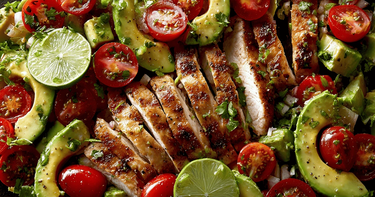 Avocado salad with thin sliced grilled chicken