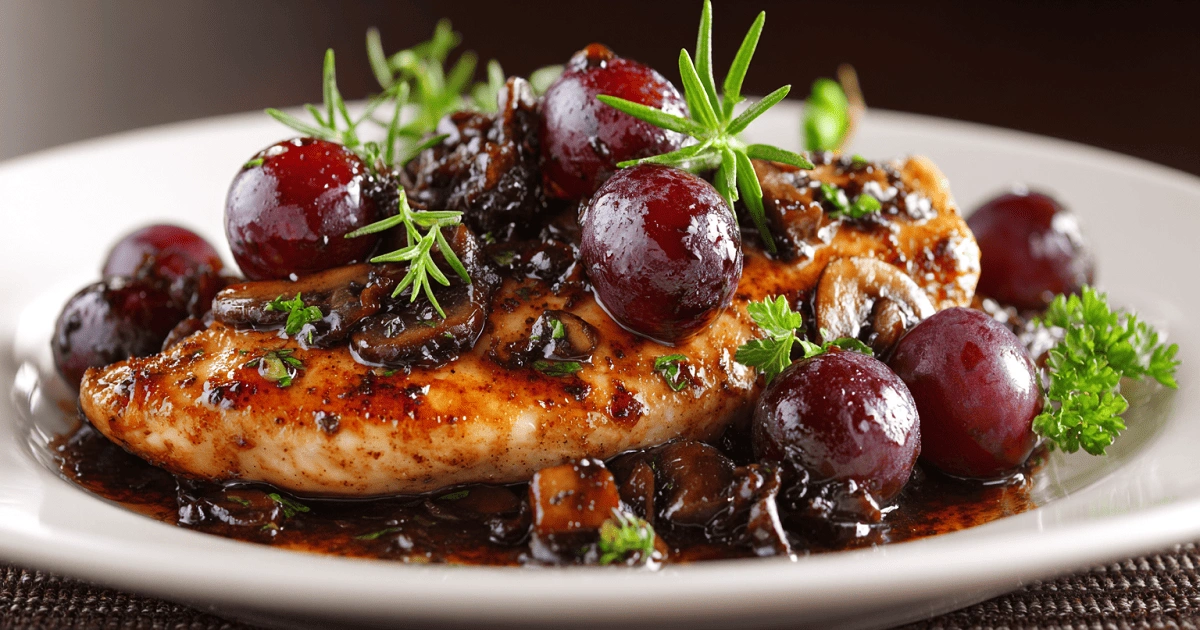 Thin Chicken Breast Recipes - Gourmet chicken breast with balsamic grape reduction and sautéed mushrooms