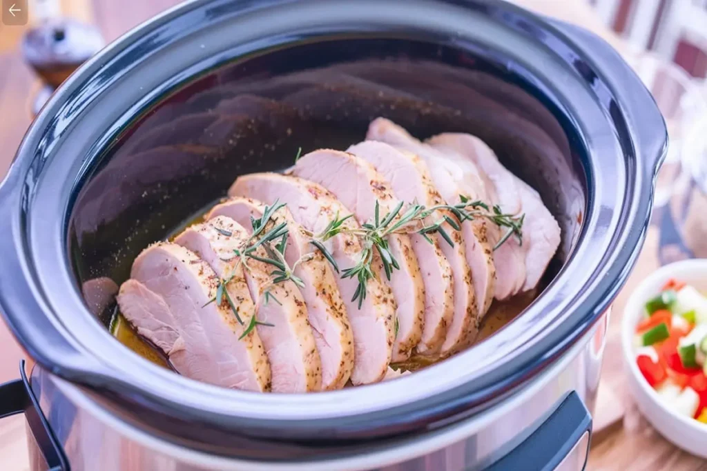 Cook thin-sliced chicken breast in crockpot