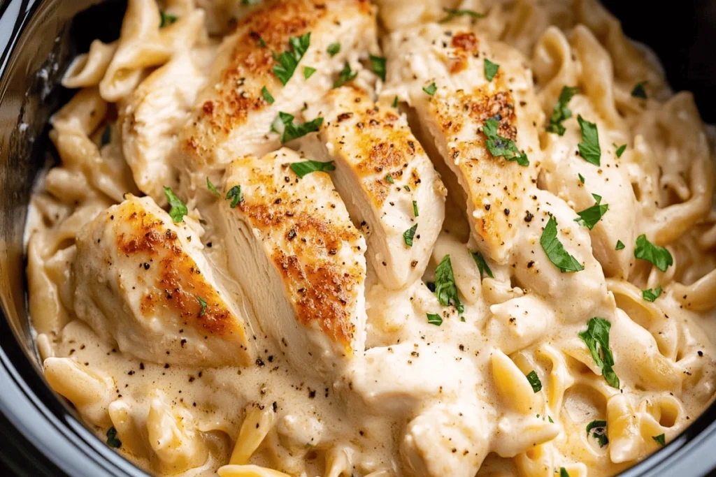 Crockpot Garlic Parmesan Chicken Pasta