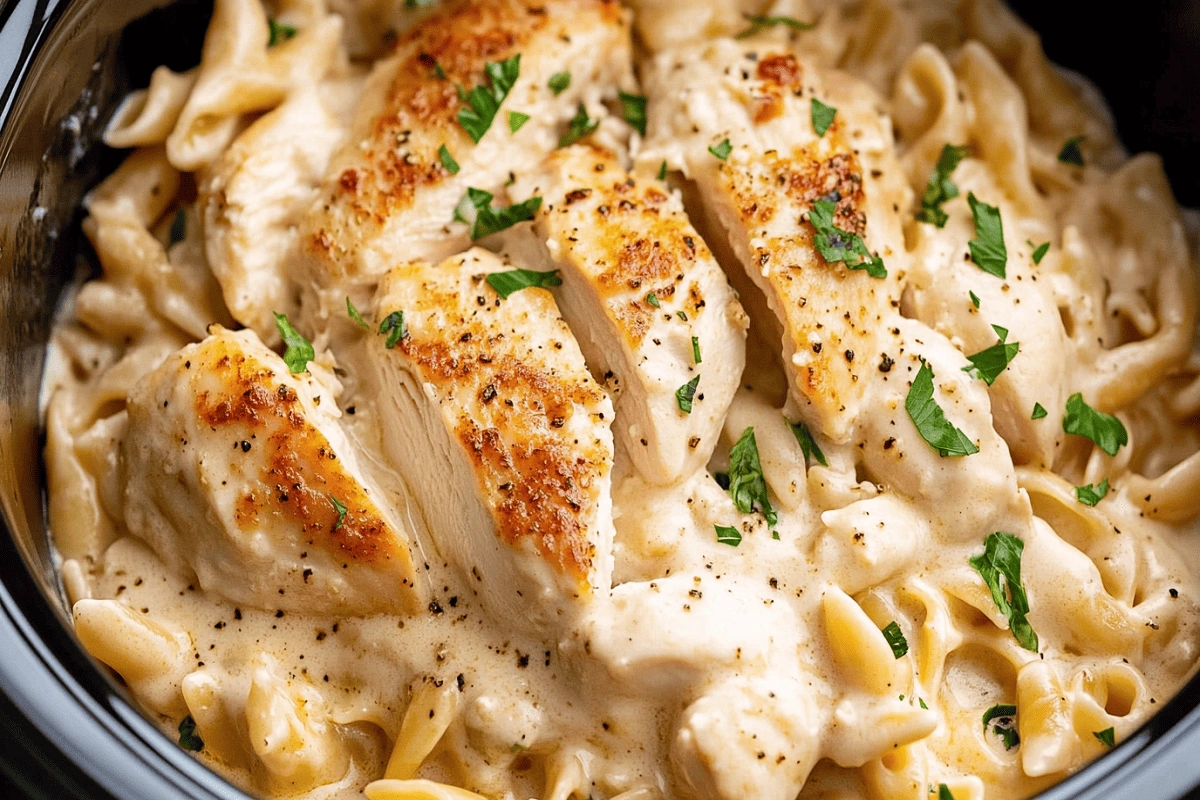 Crockpot Garlic Parmesan Chicken Pasta