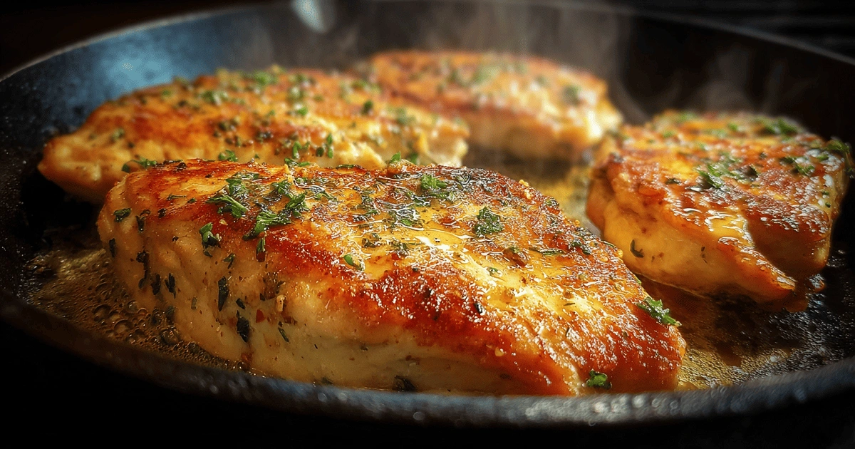 Garlic butter thin chicken breast sizzling in a pan with herbs