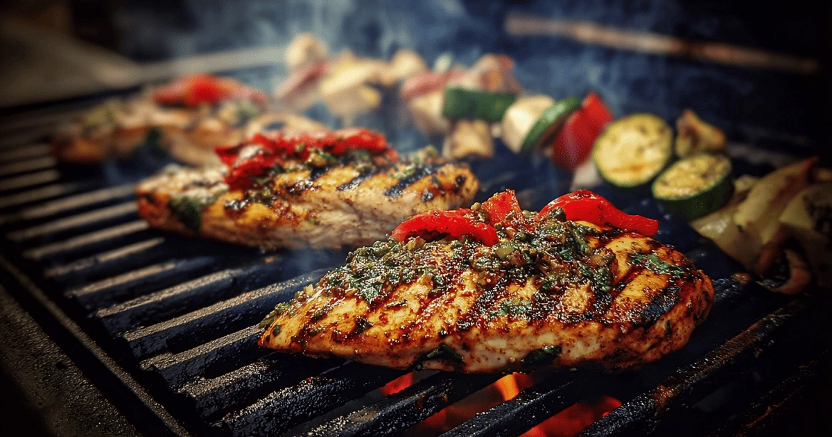 Grilled thin chicken breast with vegetables on open flame barbecue