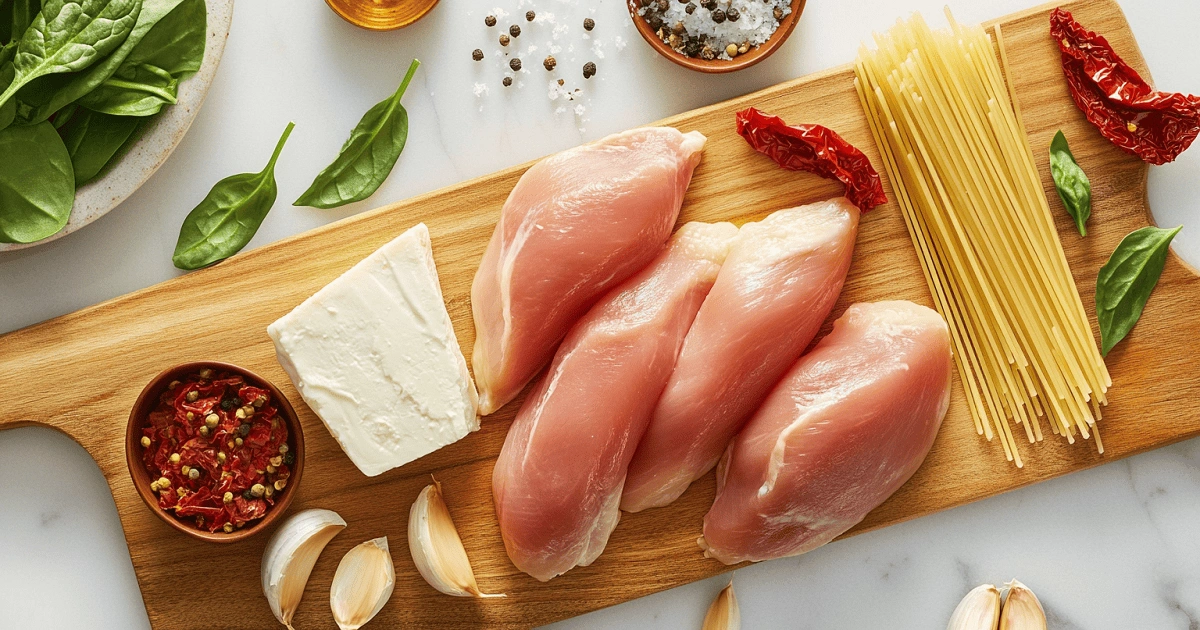 Garlic Parmesan Chicken Pasta Ingredients Flat Lay