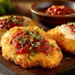 Crispy chicken cutlet topped with marinara sauce and melted cheese