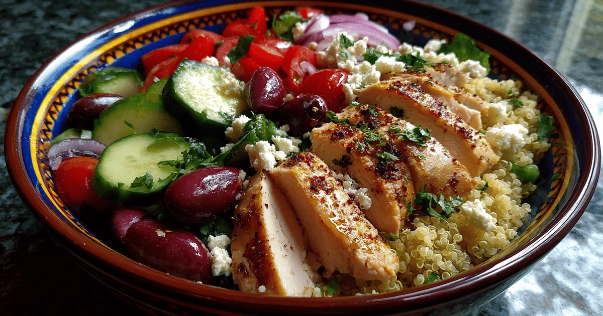 Healthy Greek bowl with thinly sliced chicken breast