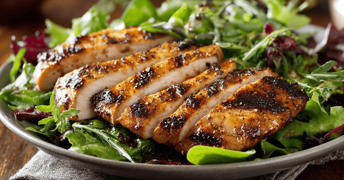 Grilled thin chicken breast over salad
