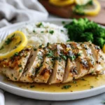 Thin sliced chicken breast in lemon garlic sauce served with rice and broccoli