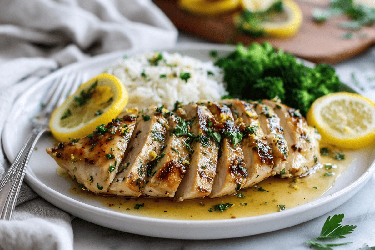 Thin sliced chicken breast in lemon garlic sauce served with rice and broccoli