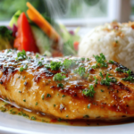 Pan-seared lemon chicken breast with garlic butter sauce, served with vegetables and rice