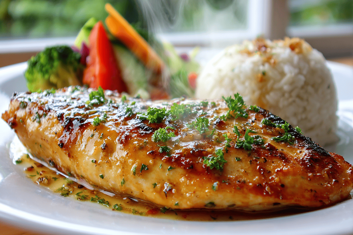 Pan-seared lemon chicken breast with garlic butter sauce, served with vegetables and rice