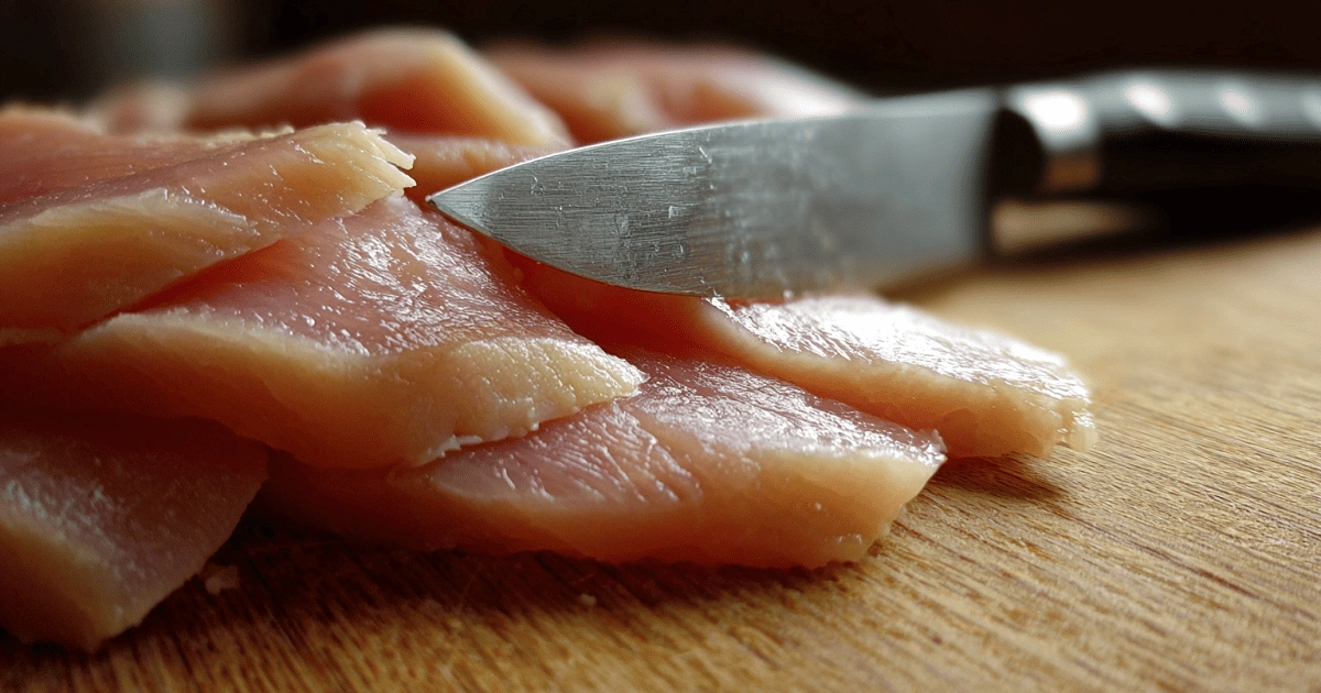Cutting thinly sliced chicken breast