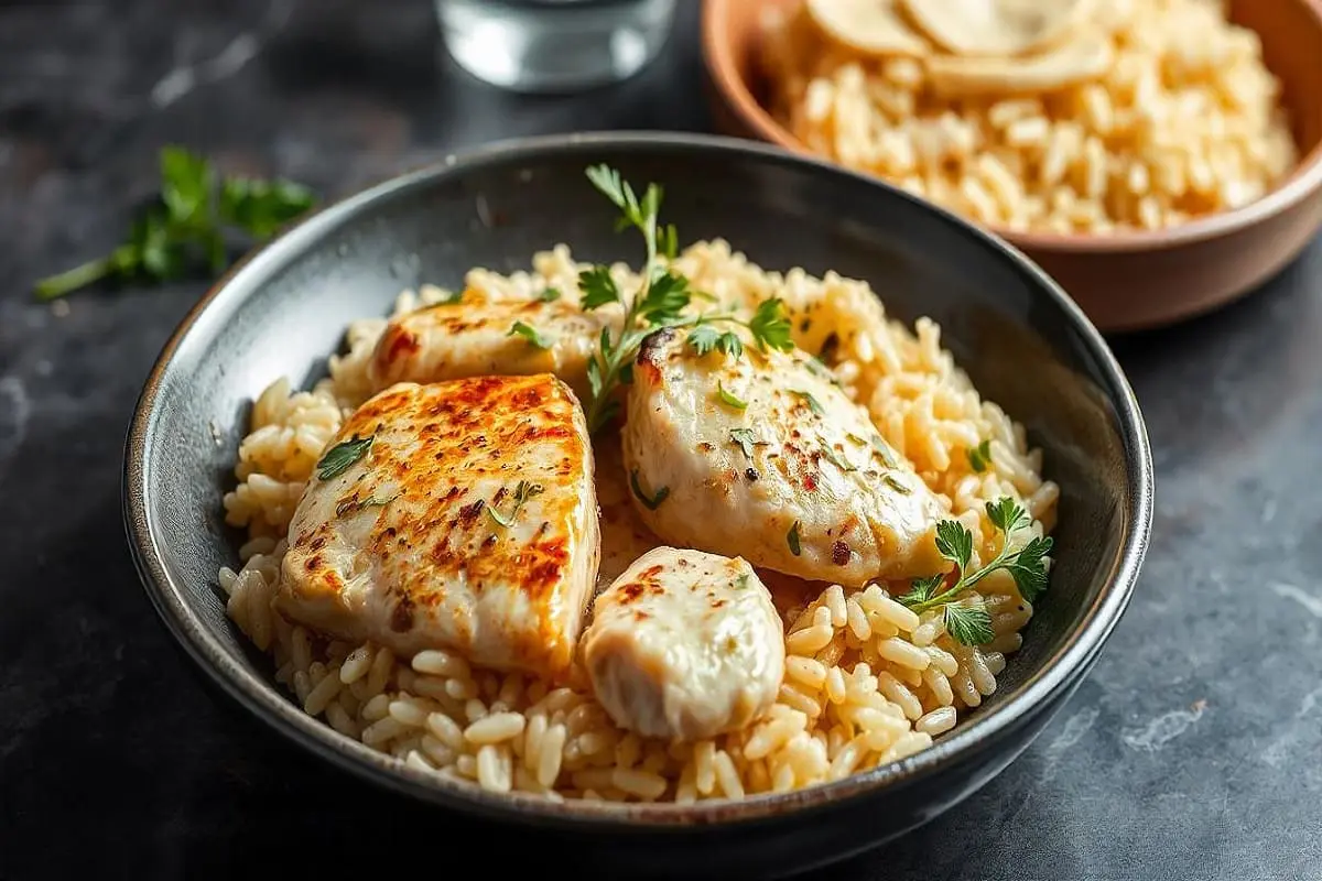 chicken scampi with garlic parmesan rice