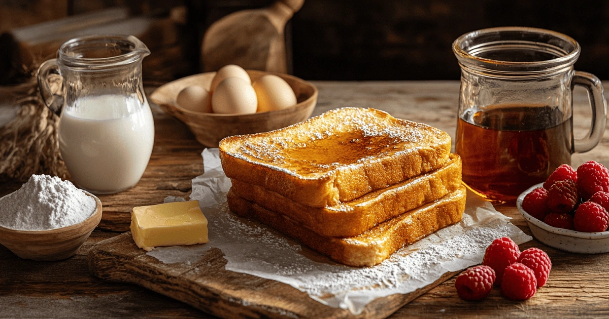 Key ingredients for Belgian French Toast including brioche bread, eggs, milk, sugar, butter, and toppings like raspberries and syrup