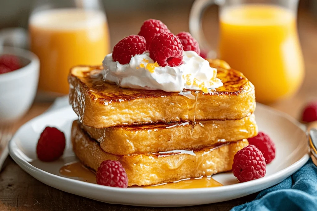 Stack of Belgian French Toast topped with whipped cream, fresh raspberries, and maple syrup on a white plate