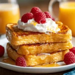 Stack of Belgian French Toast topped with whipped cream, fresh raspberries, and maple syrup on a white plate