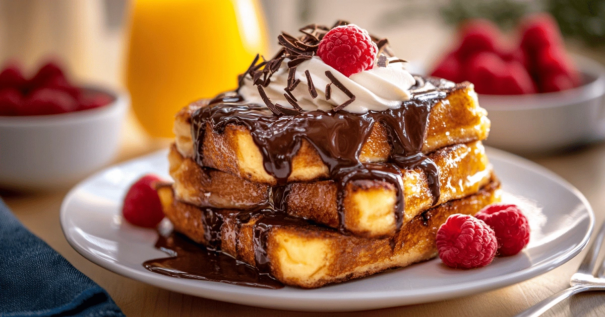 Golden Belgian French Toast topped with chocolate sauce, whipped cream, raspberries, and chocolate curls on a white plate
