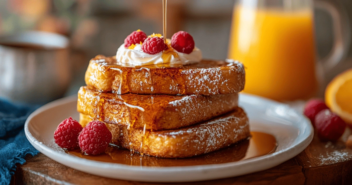 Stack of Belgian French Toast topped with whipped cream, raspberries, and syrup drizzle on a white plate