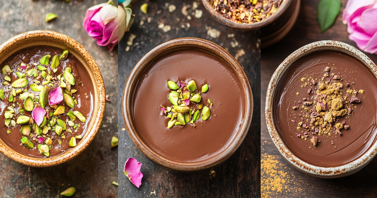 Dubai-style camel milk chocolate mousse topped with pistachios, rose petals, and saffron powder