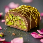 Dubai chocolate dessert with gold and pistachio