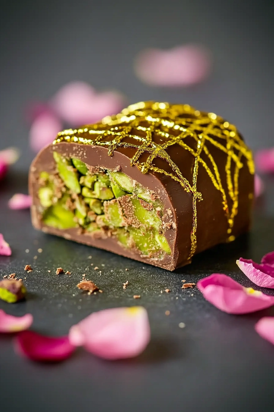 Dubai chocolate dessert with gold and pistachio