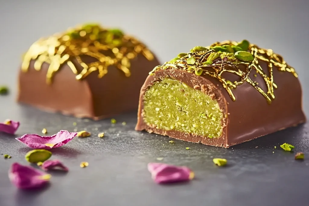Dubai chocolate dessert with gold and pistachio