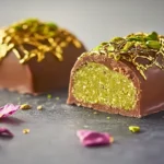 Dubai chocolate dessert with gold and pistachio