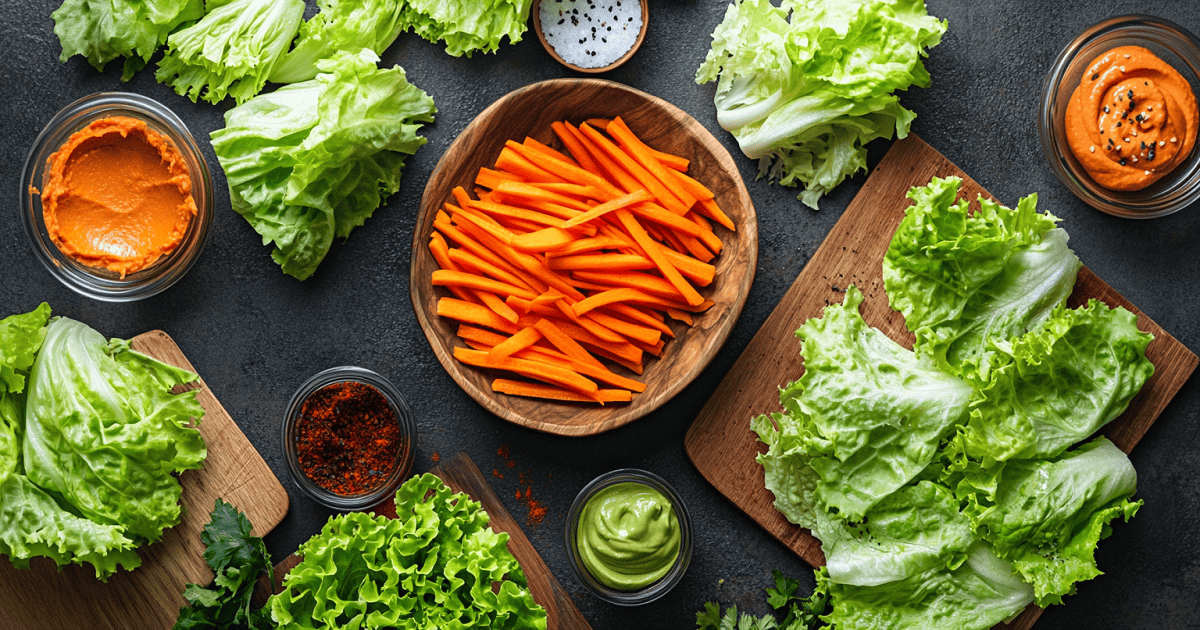 Ingredients for Roasted Carrot Lettuce Wraps including romaine lettuce, sliced carrots, sauces, and herbs on a rustic wooden board