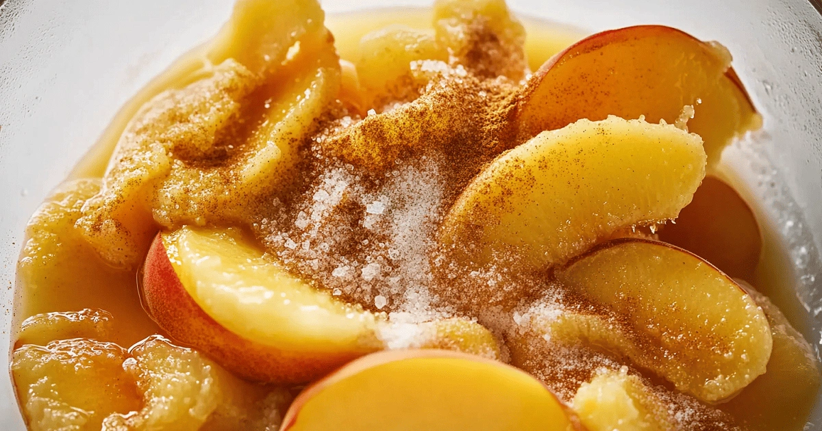 Mixing peaches with sugar and spices for Fresh Southern Peach Cobbler