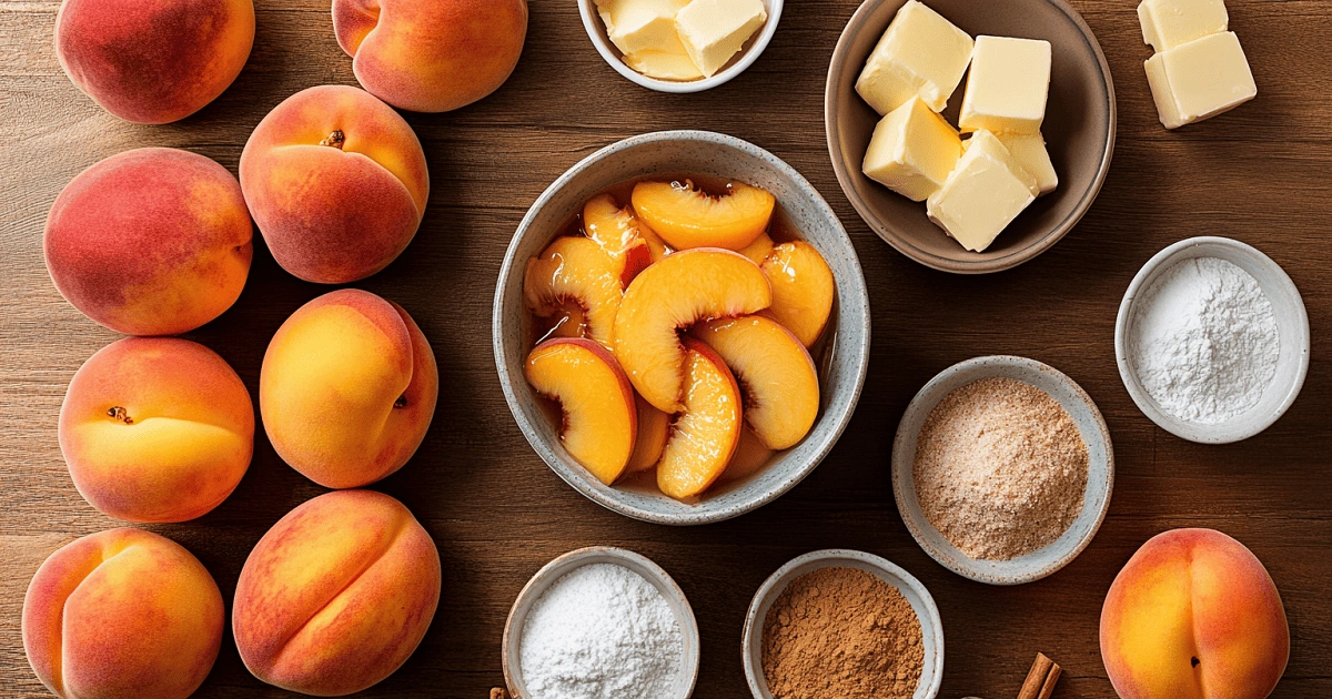  Ingredients for Fresh Southern Peach Cobbler arranged on a wooden surface