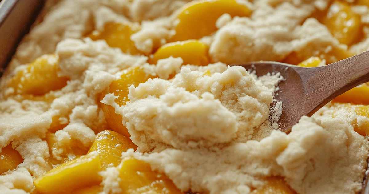 Assembling Fresh Southern Peach Cobbler before baking