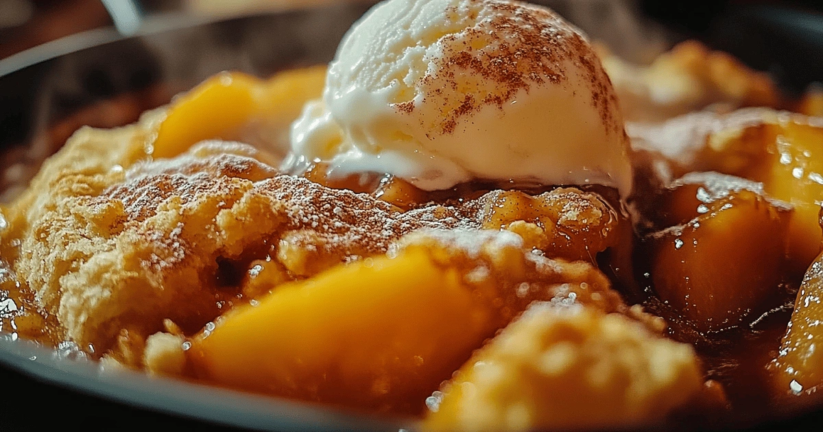 Fresh Southern Peach Cobbler served warm with ice cream