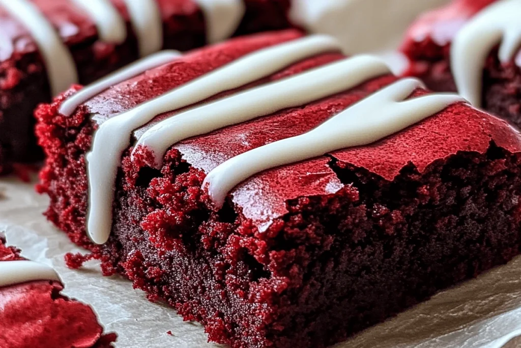 fudgy red velvet brownies with cream cheese drizzle close-up