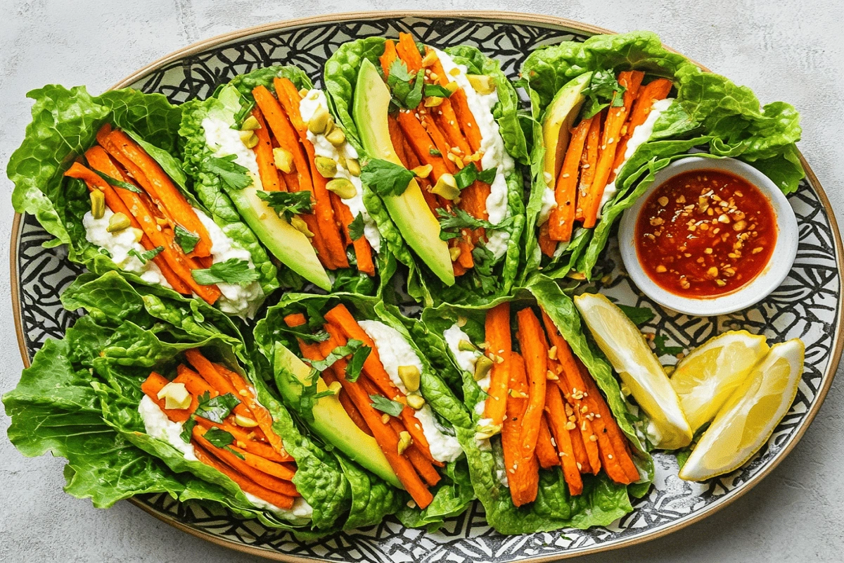 Healthy Roasted Carrot Lettuce Wraps with Avocado and Chili Sauce