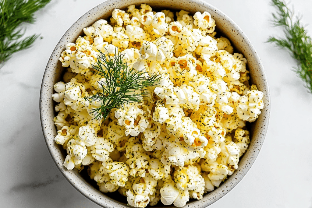 Homemade dill pickle popcorn in a bowl with visible herbs and buttered kernels