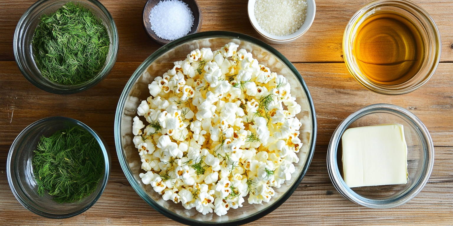 Ingredients for homemade dill pickle popcorn including fresh dill, butter, oil, and salt, popcorn kernels on a wooden surface