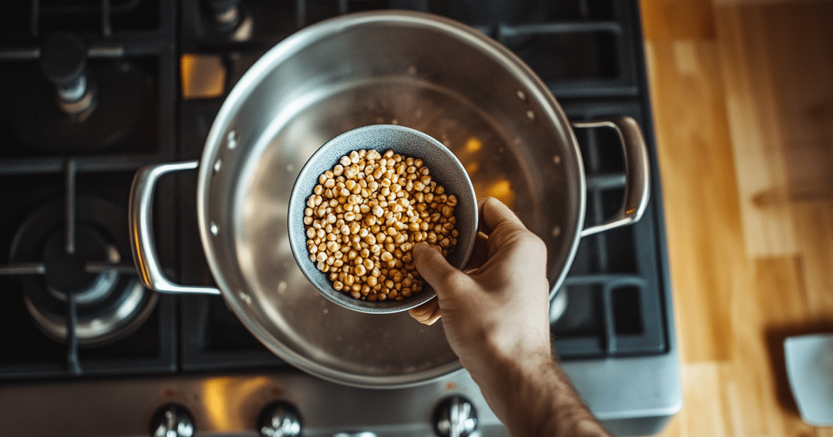 Pouring popcorn kernels into a stainless steel stock pot on a stovetop for homemade dill pickle popcorn