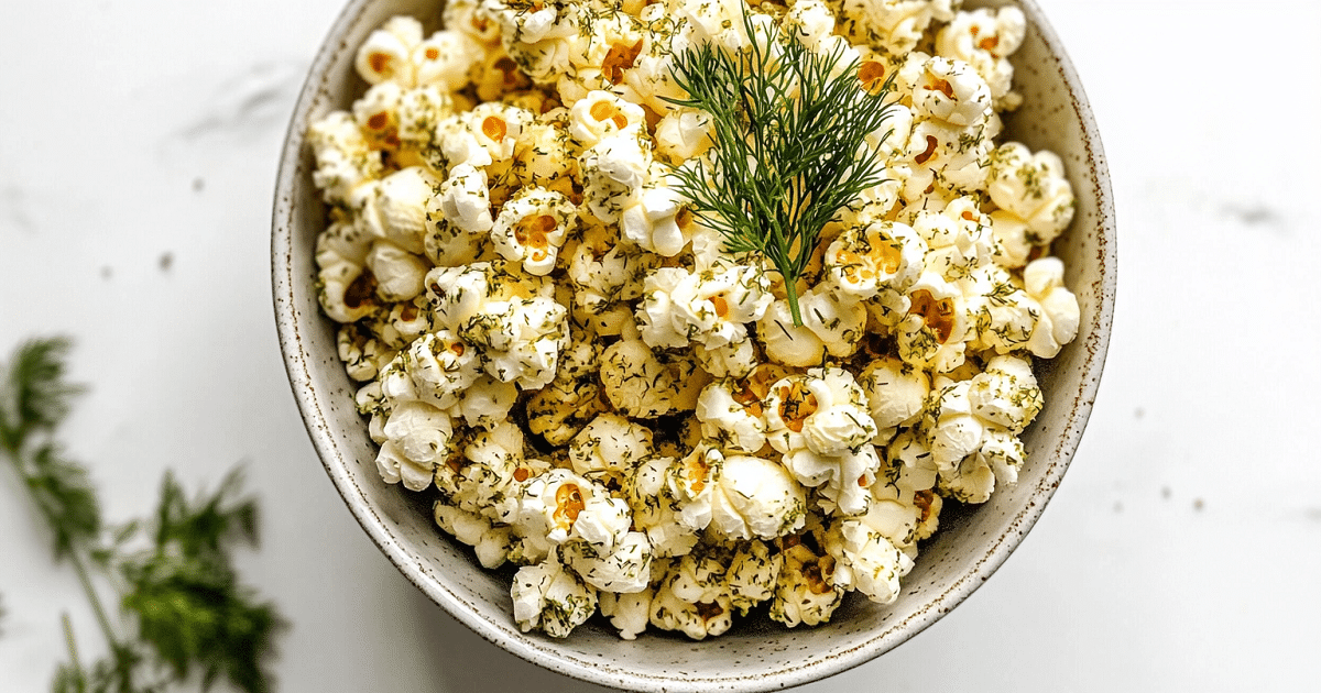 Bowl of homemade dill pickle popcorn garnished with dried dill and fresh dill