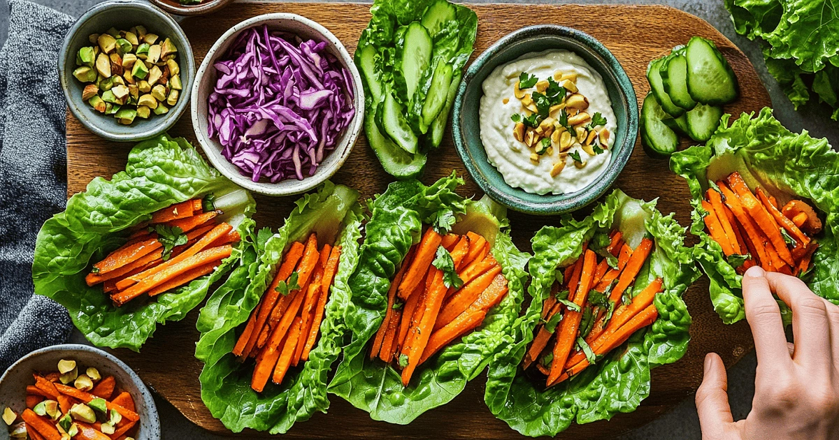 Assembling Roasted Carrot Lettuce Wraps with toppings like red cabbage, cucumbers, and creamy sauce
