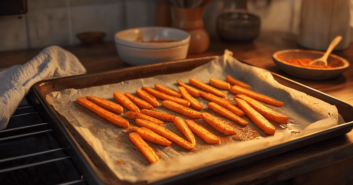 Roasted carrots on a baking tray for Roasted Carrot Lettuce Wraps, seasoned and oven-baked to perfection