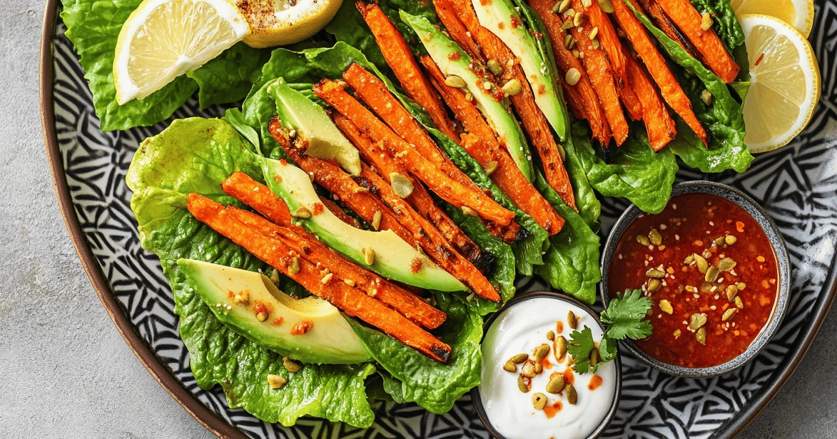 Roasted Carrot Lettuce Wraps with avocado, chili sauce, yogurt dip, and lemon wedges beautifully plated