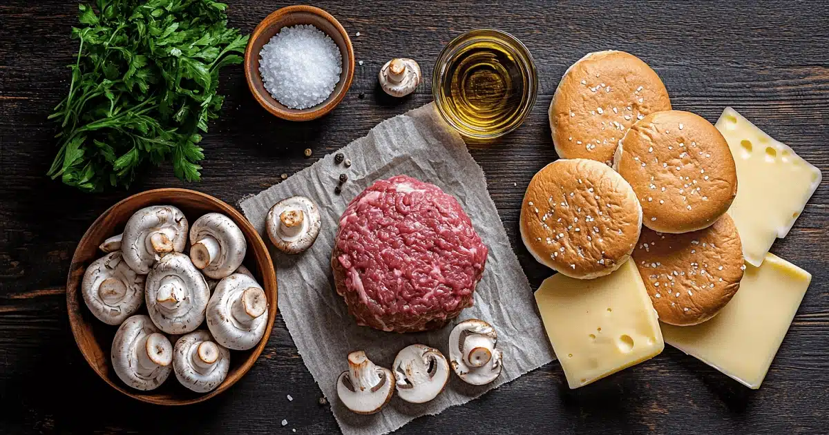 Ingredients for mushroom-beef blended burger recipe including ground beef, white mushrooms, buns, cheese, and fresh herbs