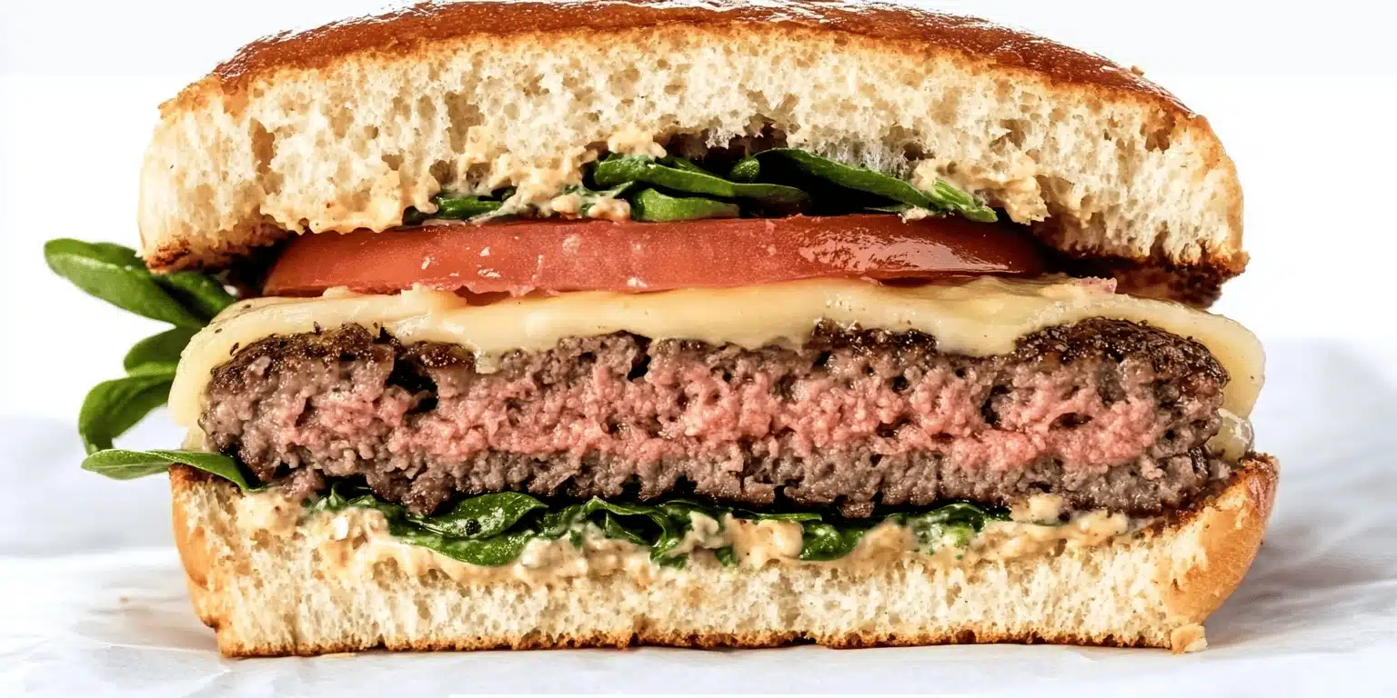 Cross-section of a mushroom-beef blended burger recipe with melted cheese, tomato, greens, and sauce on a soft bun
