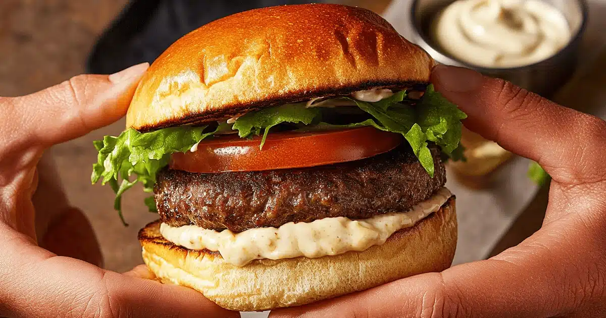 Hands holding a mushroom-beef blended burger recipe with lettuce, tomato, and creamy sauce on a toasted bun