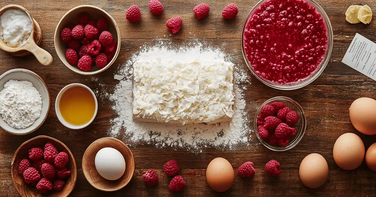 Ingredients for Raspberry Zinger Poke Cake including gelatin, cake mix, and coconut