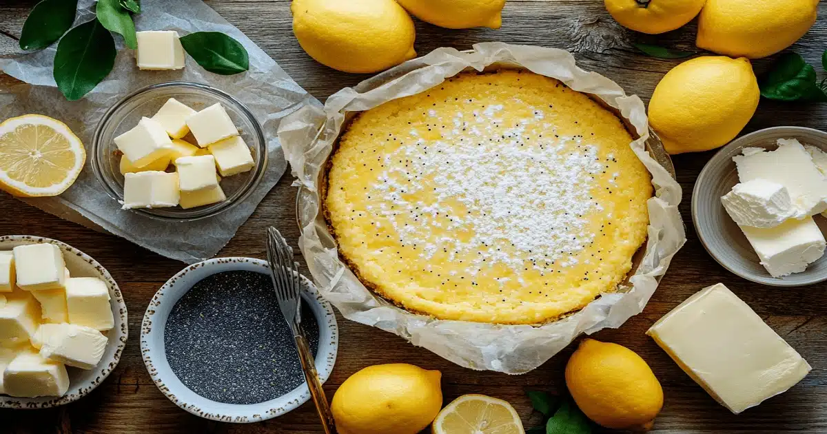 Ingredients and a whole lemon dump cake with poppy seeds arranged on a rustic wood table