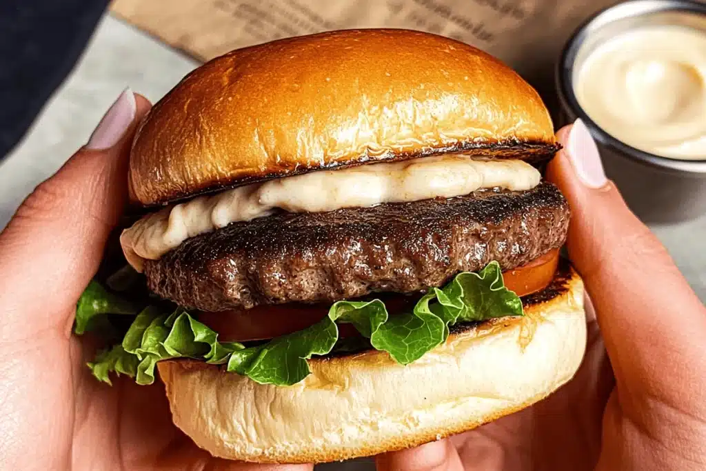 Mushroom-beef blended burger recipe with toasted brioche bun, fresh lettuce, and creamy cheese sauce