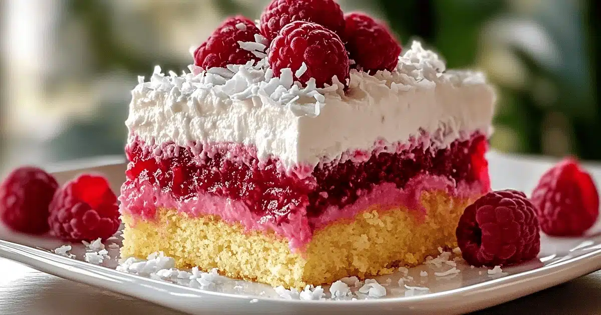 Beautifully plated slice of Raspberry Zinger Poke Cake with whipped topping, raspberry gelatin, and coconut