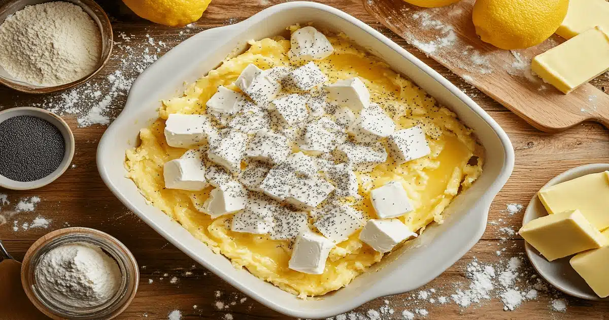 Lemon dump cake layering with cream cheese cubes and poppy seeds in a baking dish