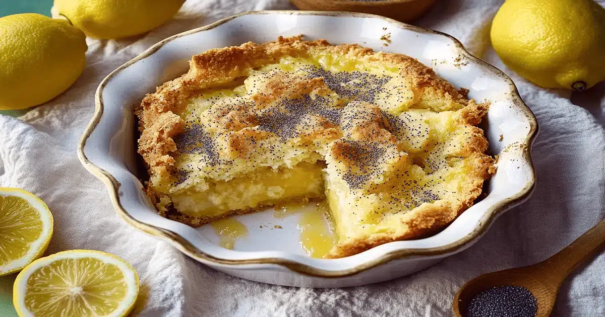 Freshly baked lemon dump cake with poppy seeds in a vintage ceramic dish surrounded by lemons